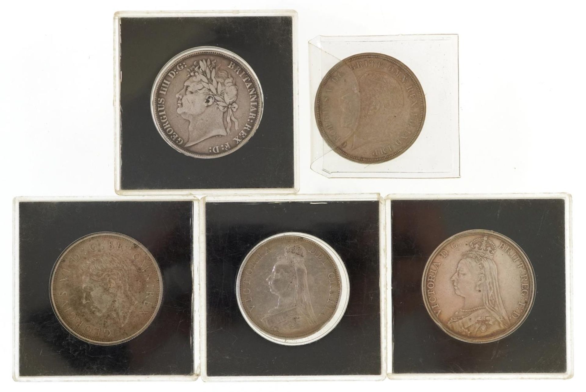 Four William IV and later crowns and a Queen Victoria 1889 double florin, the crowns comprising - Image 2 of 2