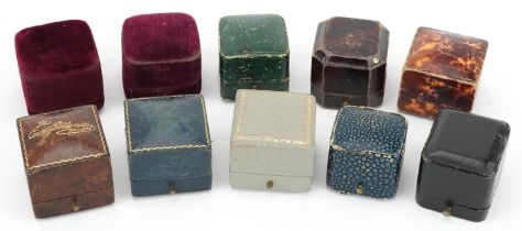 Ten 19th century and later jeweller's ring boxes with velvet and silk lined interiors including F