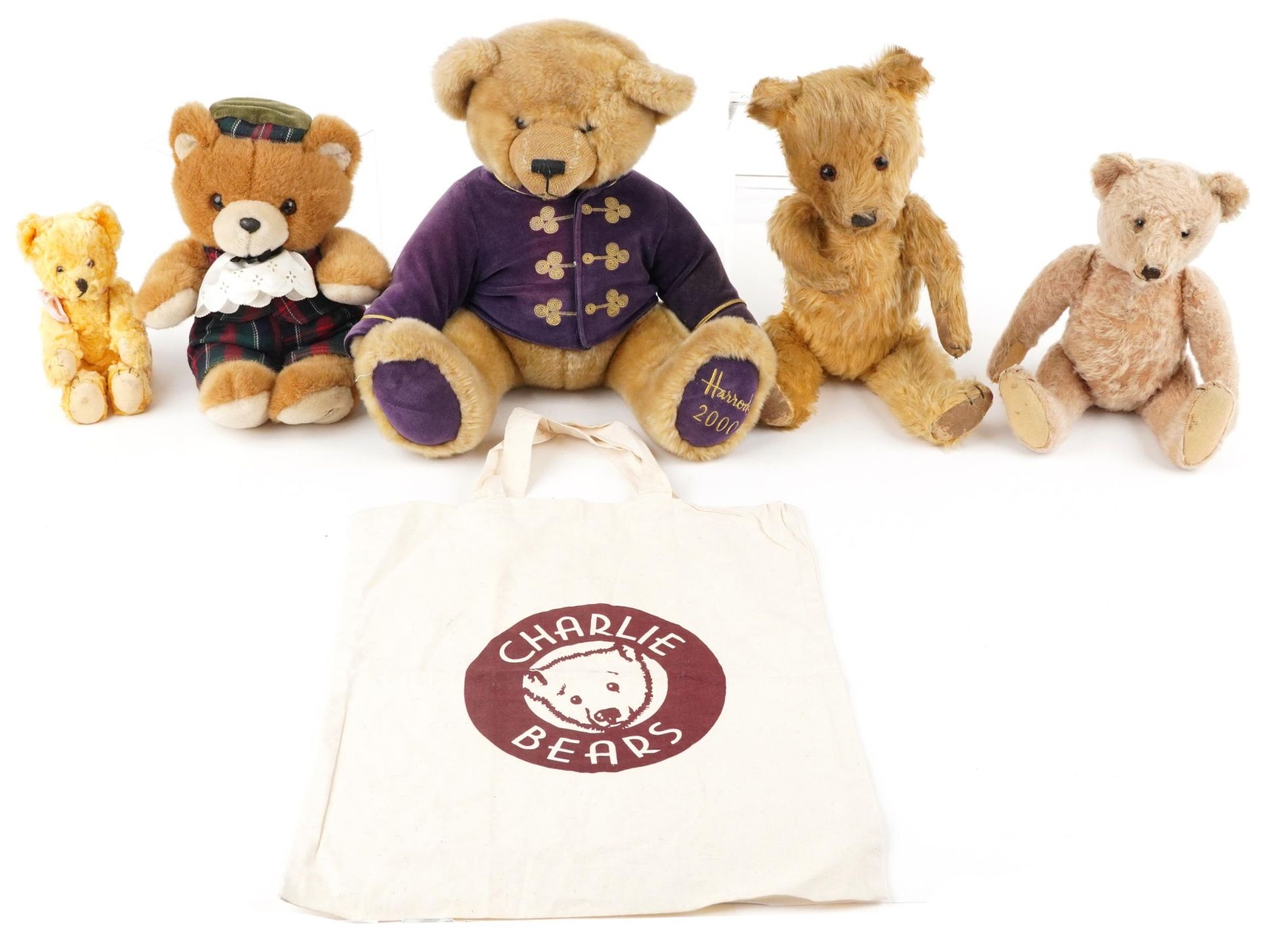 Five vintage and later teddy bears comprising three with jointed limbs and two Harrods examples, the - Bild 2 aus 4