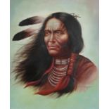 Garcia - Head and shoulders portrait of a Native American, oil on canvas, inscribed Crazy Horse