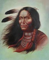 Garcia - Head and shoulders portrait of a Native American, oil on canvas, inscribed Crazy Horse