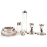 Edwardian and later silver objects including a pair of dwarf candlesticks, silver mounted glass