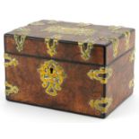 Victorian Gothic style burr walnut tea caddy with brass mounts and interior ebonised lid having