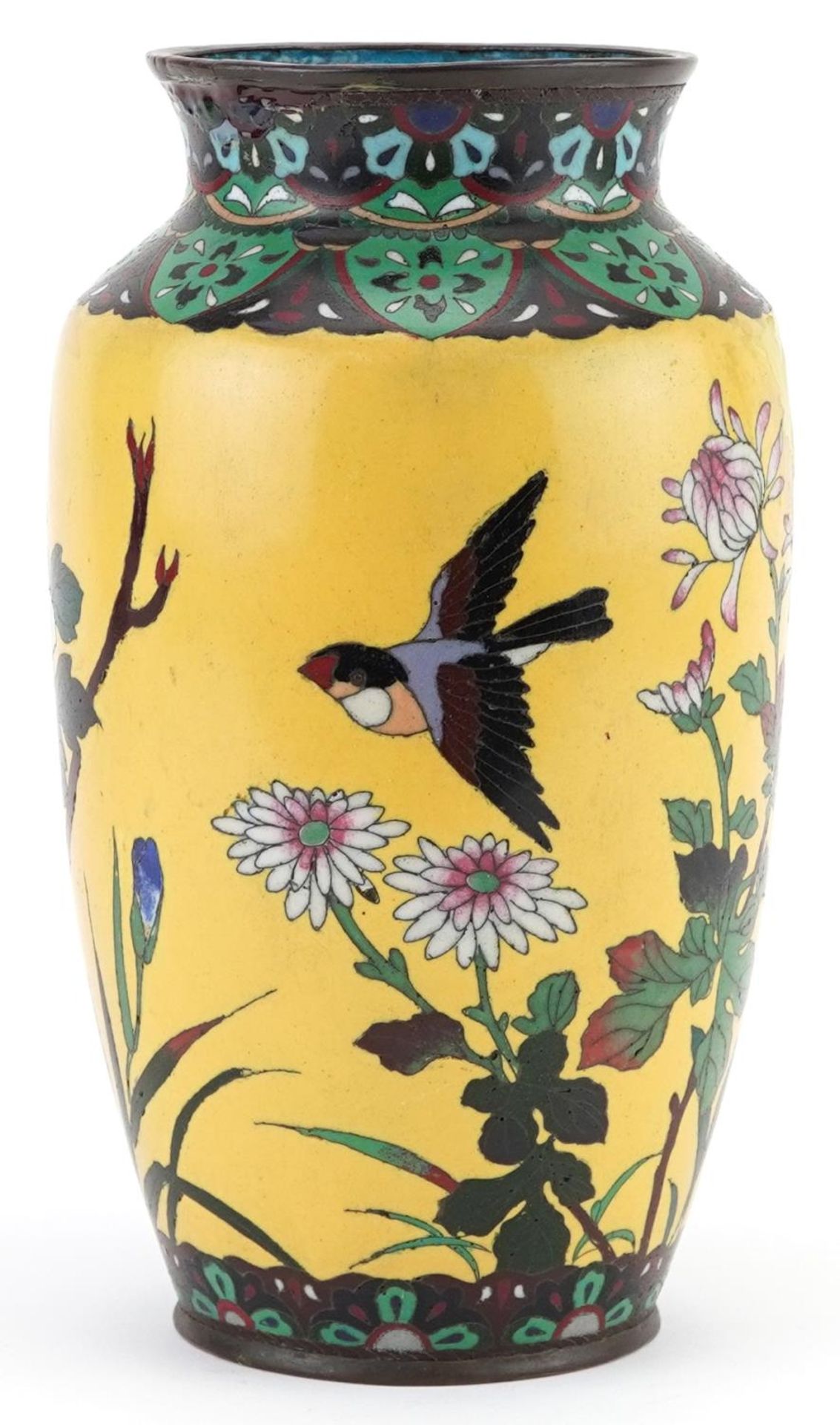 Japanese yellow ground cloisonne vase enamelled with a bird amongst flowers, 24.5cm high - Image 3 of 6