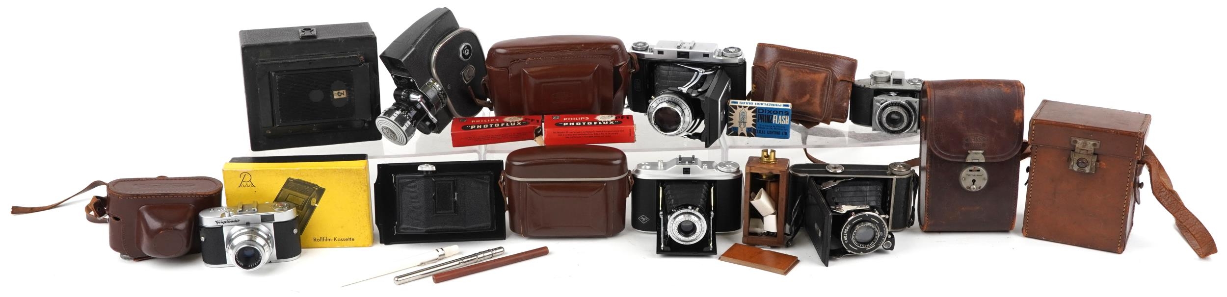 Vintage cameras and accessories including Zeiss Ikon, AGFA Isolette and Voigtlander