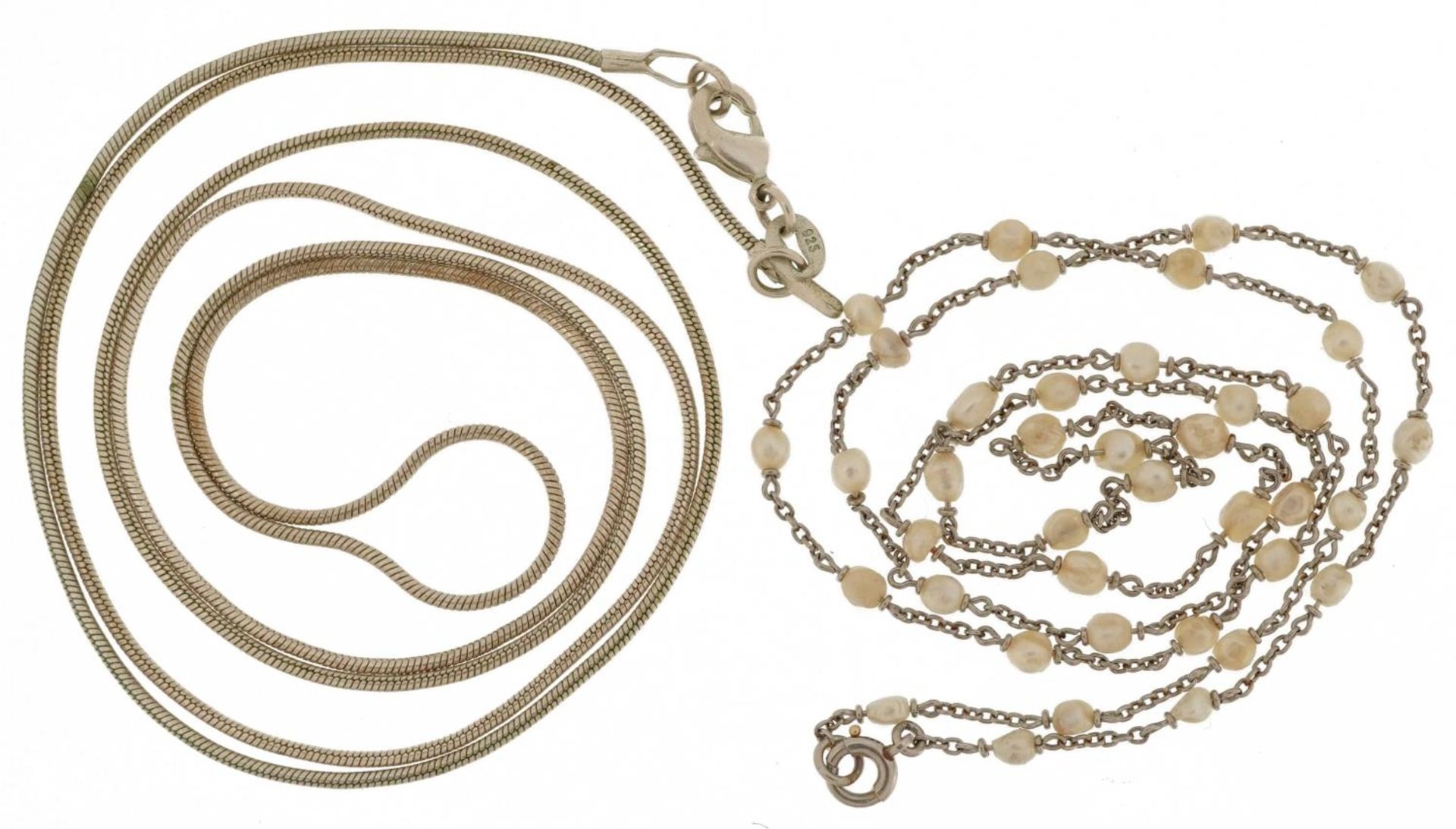 Silver snake link necklace and a white metal seed pearl necklace, 70cm and 50cm in length, total - Image 2 of 3