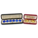 Set of six silver and blue guilloche enamel buttons and a pair of Victorian gilt metal blue