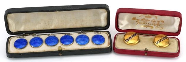 Set of six silver and blue guilloche enamel buttons and a pair of Victorian gilt metal blue