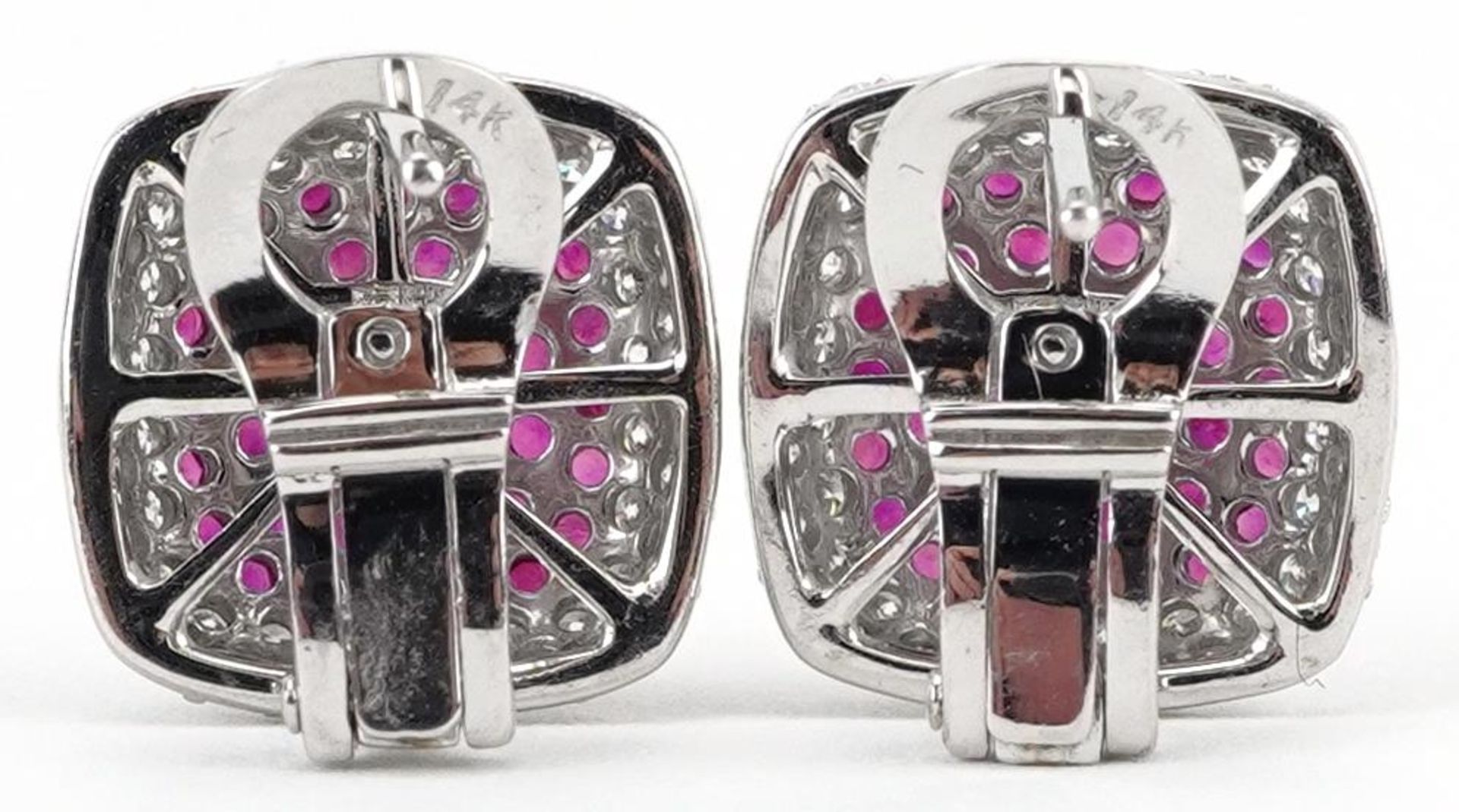 Pair of 14ct white gold ruby and diamond square cluster stud earrings, 12.5mm x 12.5mm, 4.4g - Image 2 of 3