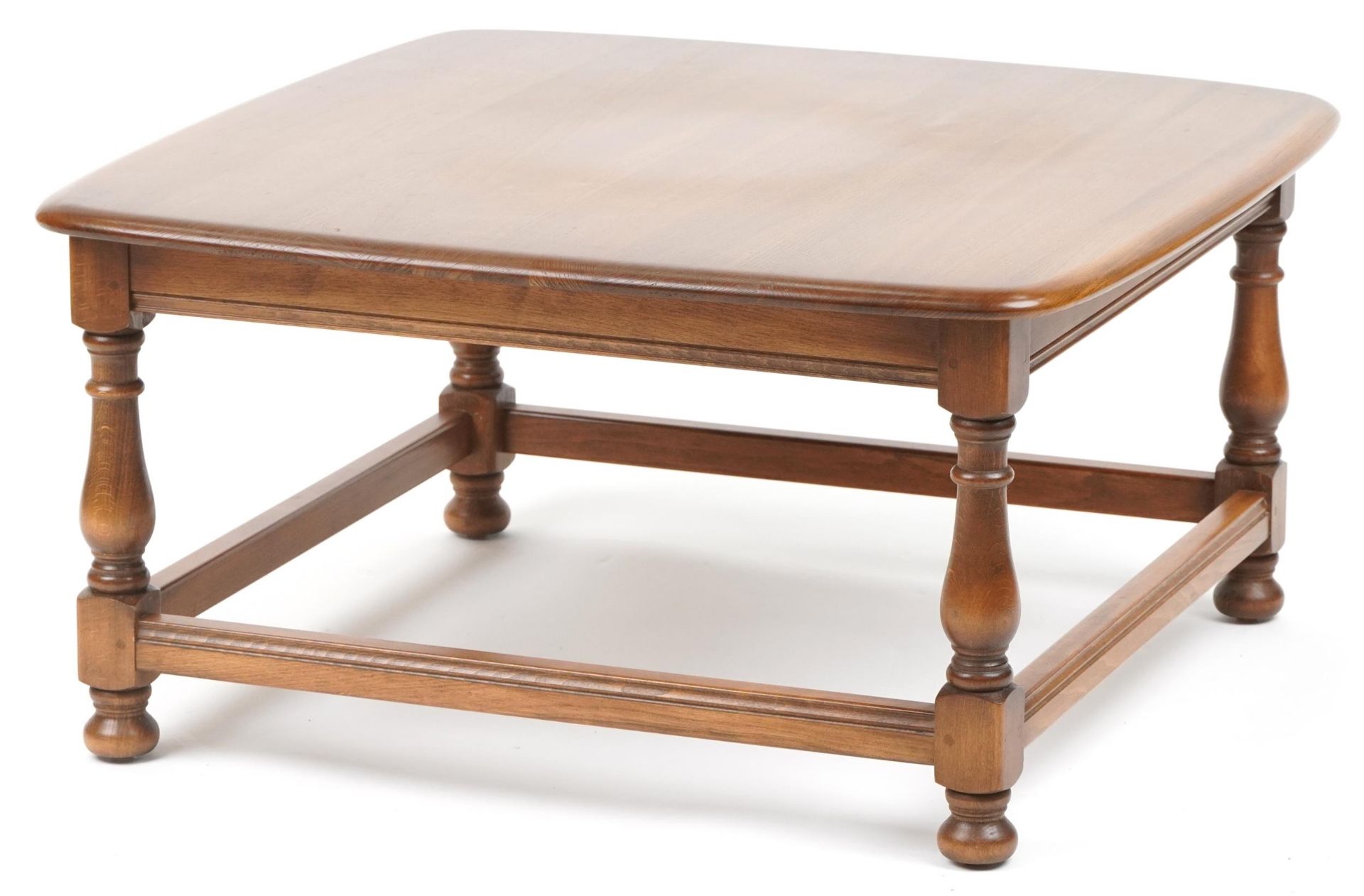 Ercol elm coffee table with square top, 38cm high x 75cm square