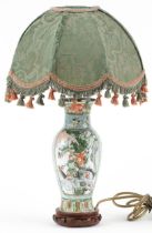 Chinese porcelain baluster vase table lamp with shade hand painted in the famille verte palette with