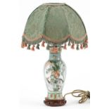 Chinese porcelain baluster vase table lamp with shade hand painted in the famille verte palette with