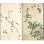 Butterfly and flies amongst flowers, pair of Chinese watercolours on silk, each signed with red seal