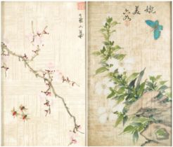 Butterfly and flies amongst flowers, pair of Chinese watercolours on silk, each signed with red seal