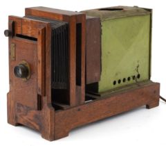 The City Salex Exchange London, Victorian oak magic lantern slide projector, 46cm in length