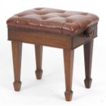 Mahagony adjustable piano stool with brown leather upholstery, 47cm H x 51cm w x 37cm D