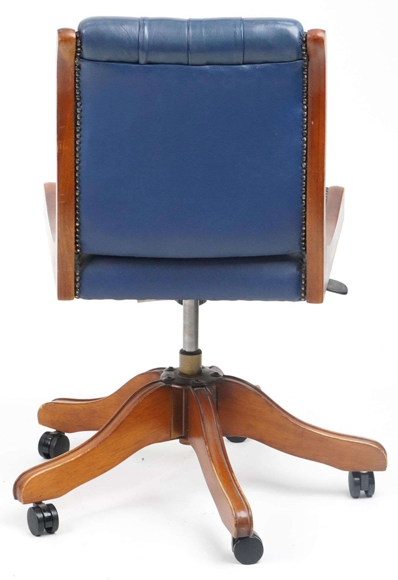 Mahogany and blue leather button back upholstered adjustable desk chair, 89cm high - Image 4 of 4