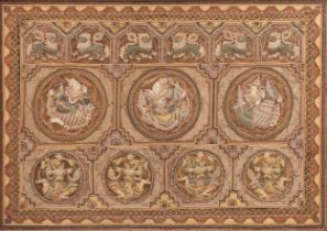 Large Burmese wall hanging Kalaga textile finely embroidered with roundels and panels of deities and