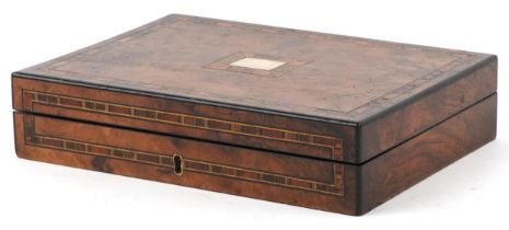 19th century European inlaid card box with fitted interior, 5cm H x 22.5cm W x 16.5cm D