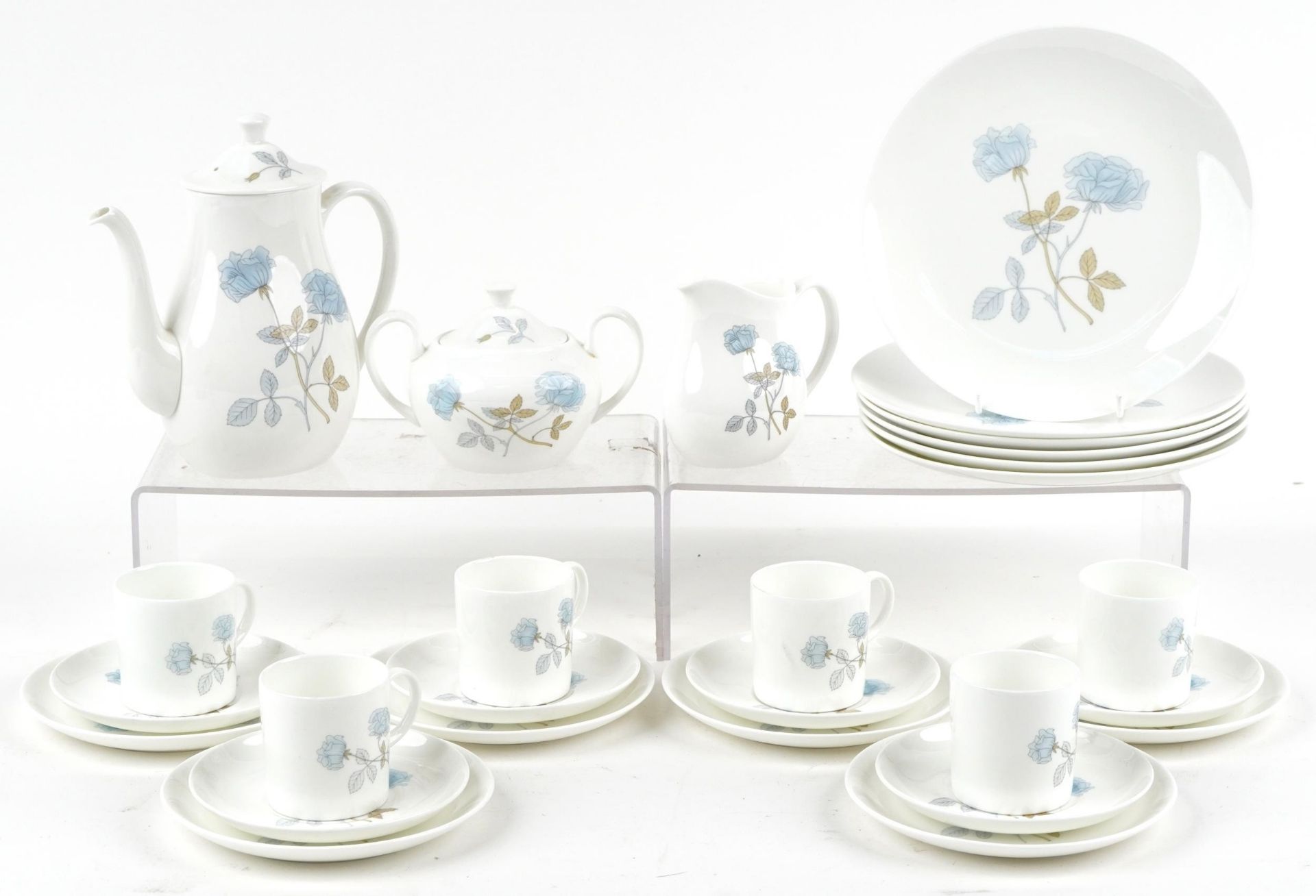 Six place Wedgwood Ice Rose coffee service, the coffee pot 21cm high