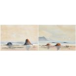 S Henshaw - Coastal scenes, pair of heightened watercolours, mounted, framed and glazed, each 24.5cm