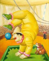 After Fernando Botero - Circus performer, Italian Impressionist oil on board, framed, 49.5cm x