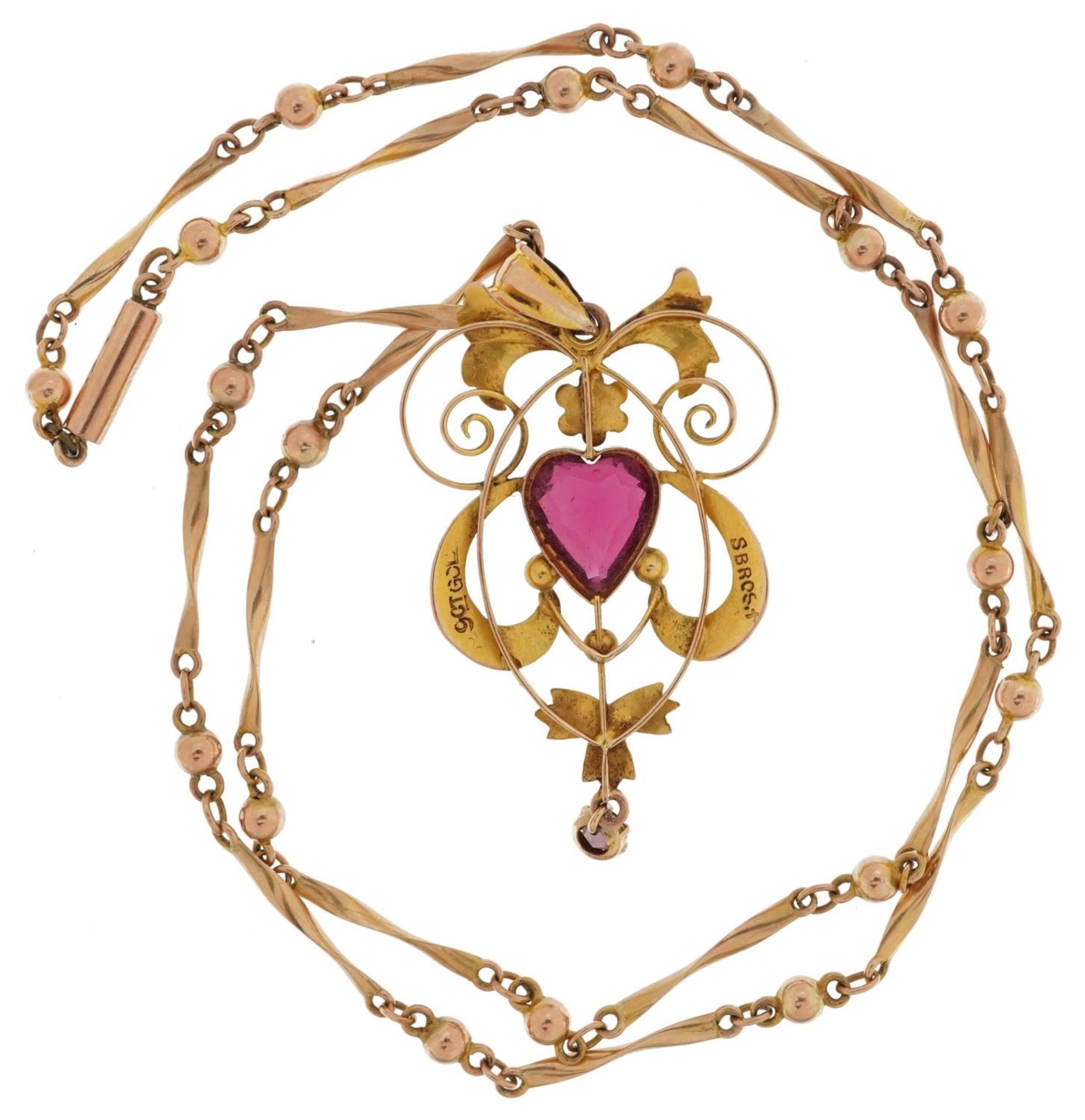 Art Nouveau 9ct gold love heart garnet openwork pendant on a 9ct gold ball and bar link necklace, - Image 3 of 5