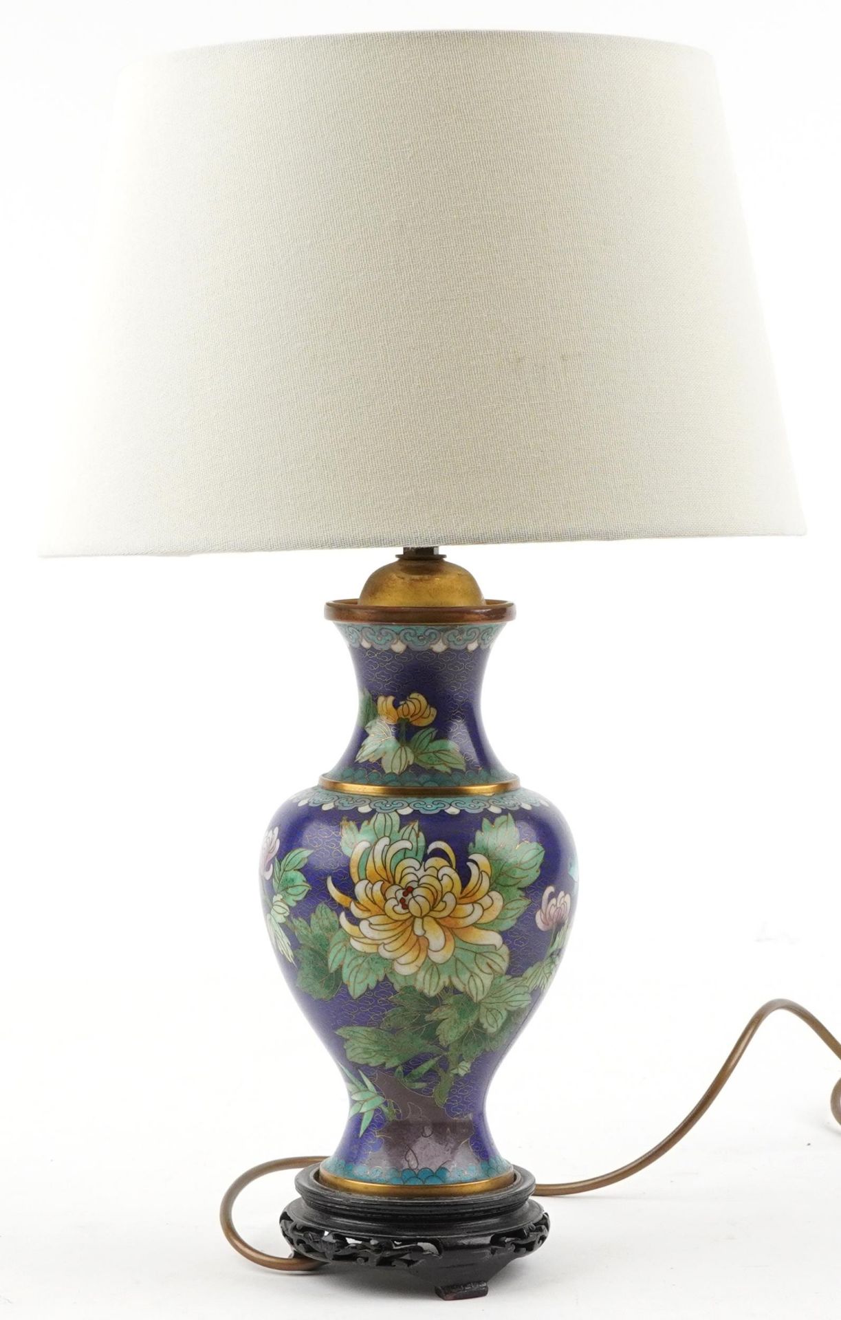 Chinese cloisonne baluster vase table lamp with shade enamelled with a bird amongst flowers,