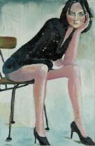 Clive Fredriksson - Scantily dressed female with black heels, oil and mixed media on canvas, framed,