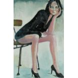 Clive Fredriksson - Scantily dressed female with black heels, oil and mixed media on canvas, framed,