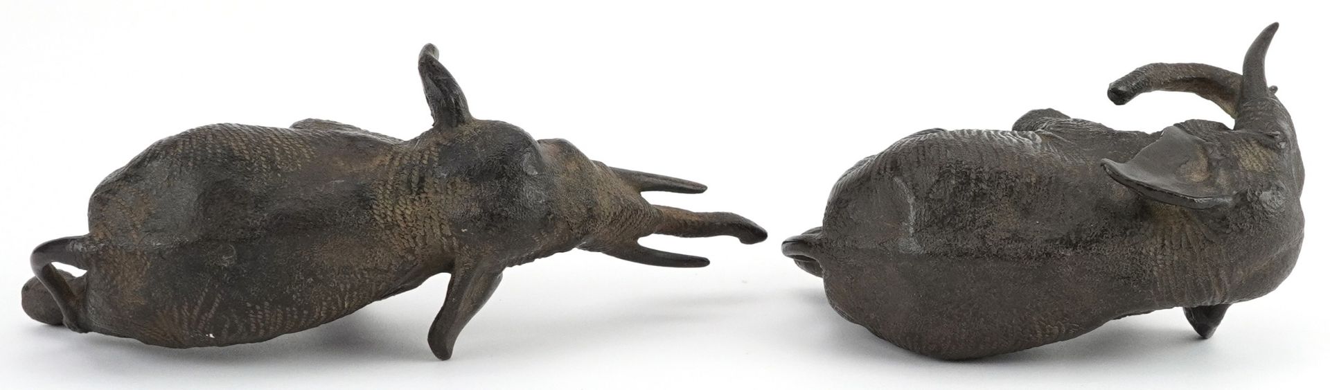 Two Japanese patinated bronze elephants, Meiji period, each with character marks to the feet, the - Image 6 of 10
