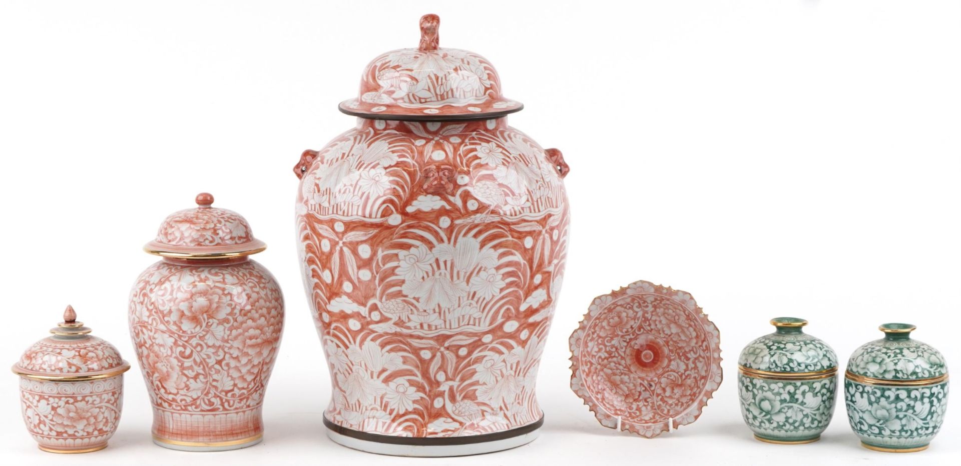 Thai porcelain including a large baluster jar and cover hand painted with cranes amongst water and