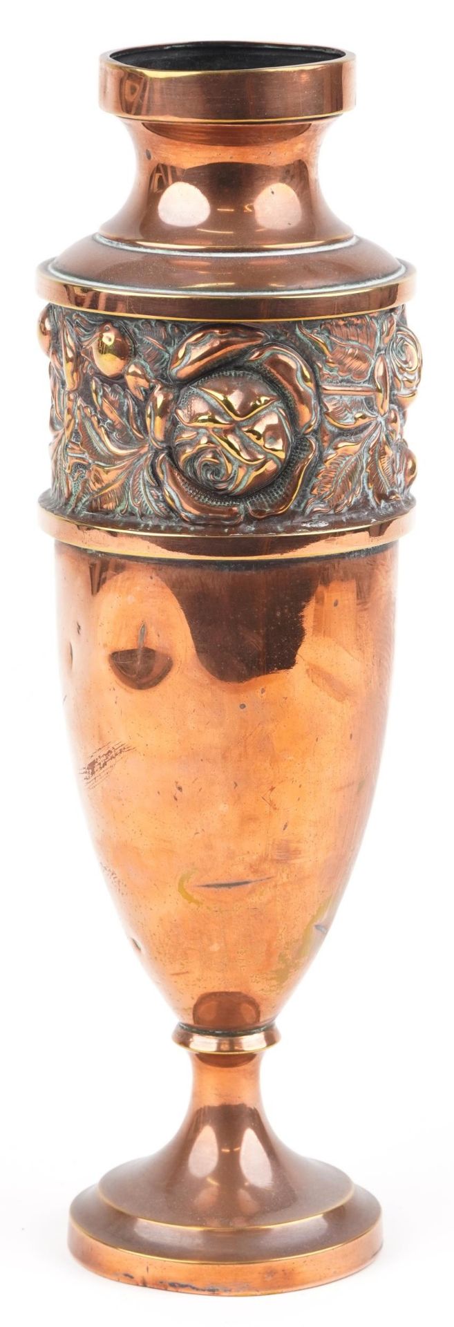 Art Nouveau coppered brass vase decorated in relief with a continuous band of stylised flowers, 36.