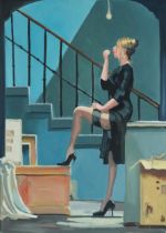 Clive Fredriksson after Jack Vettriano - Pin-up female in an interior, contemporary oil on board,