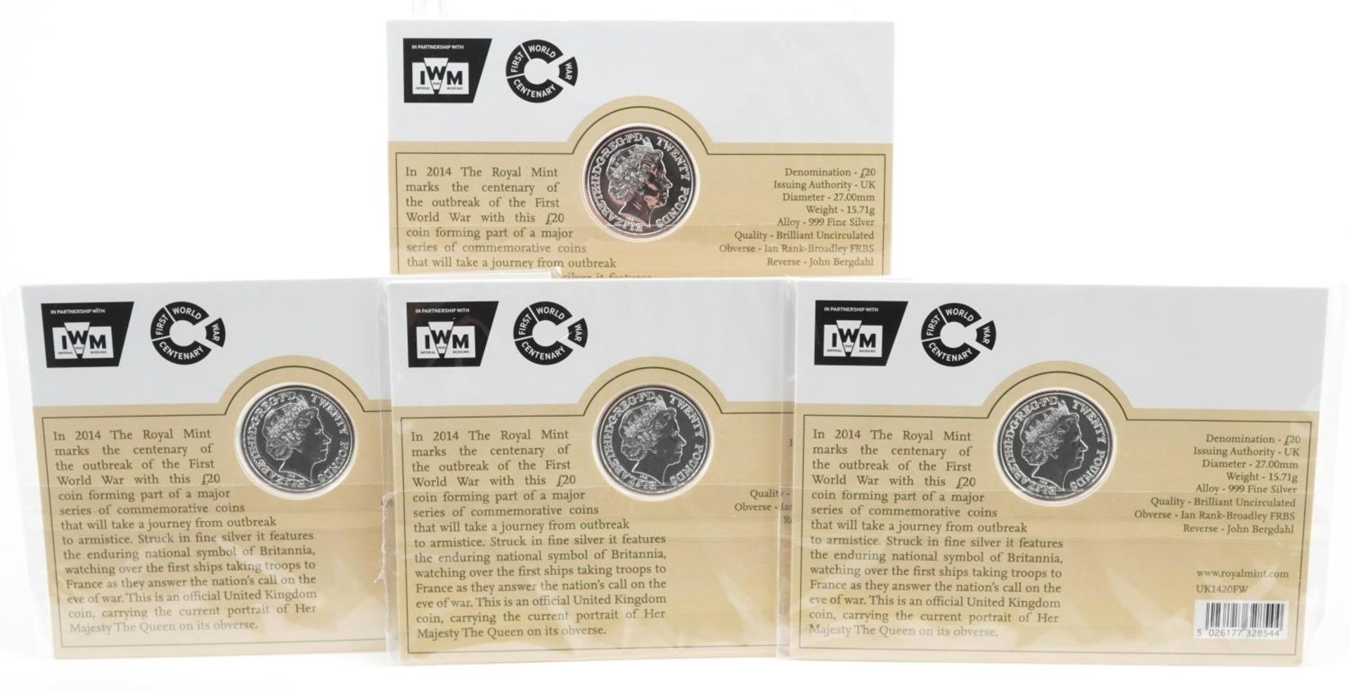 Four Elizabeth II 2014 Outbreak twenty pound fine silver coins by The Royal Mint - Bild 3 aus 4