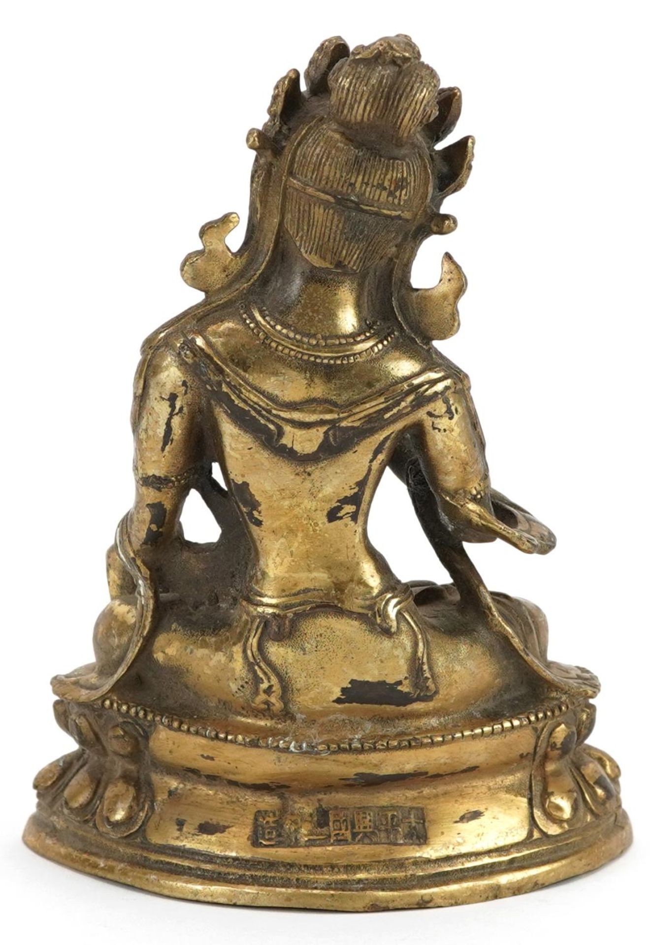 Chino Tibetan patinated bronze figure of seated Buddha with cabochons, character marks to the - Image 3 of 7