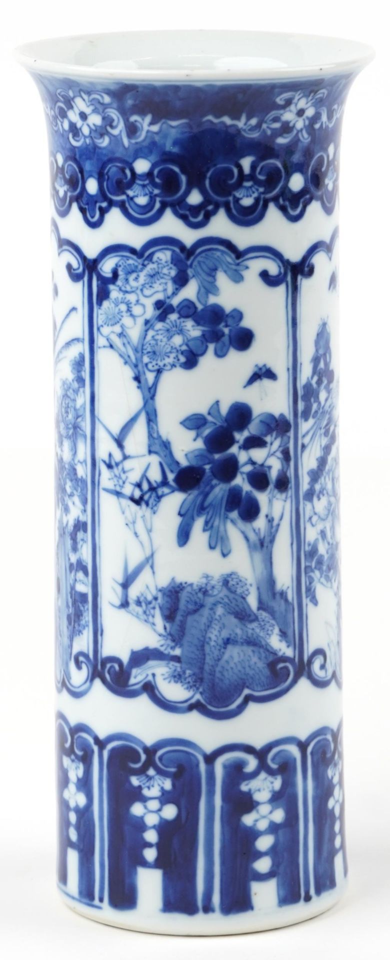Chinese blue and white porcelain cylindrical vase hand painted with panels of birds and - Image 4 of 6