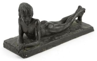 Neil Godfrey 1987, 1980s cold cast bronze statue of a nude young boy, 27cm in length