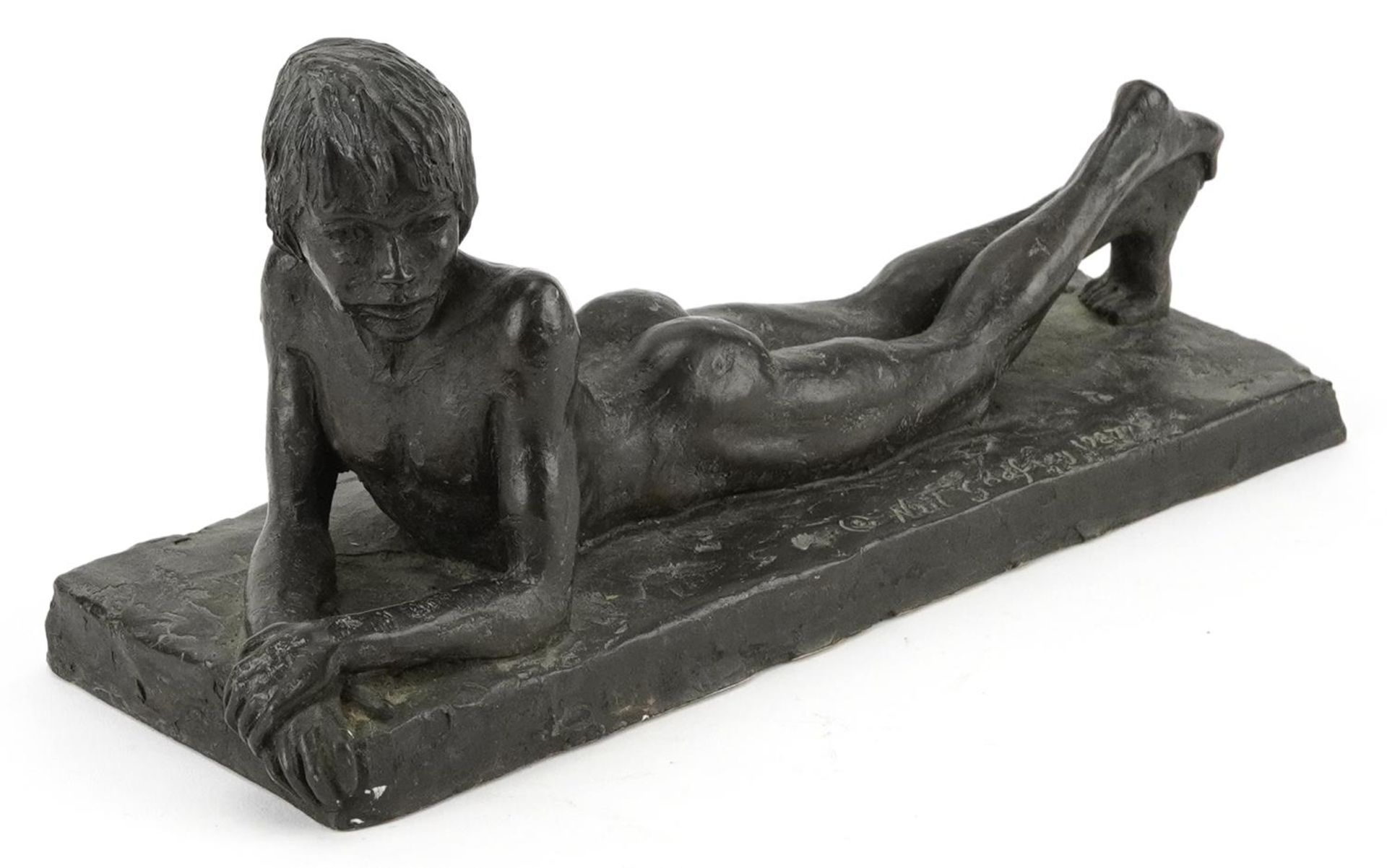 Neil Godfrey 1987, 1980s cold cast bronze statue of a nude young boy, 27cm in length