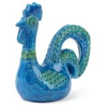 Bitossi, mid century Italian pottery rooster having a blue glaze, 24.5cm in length