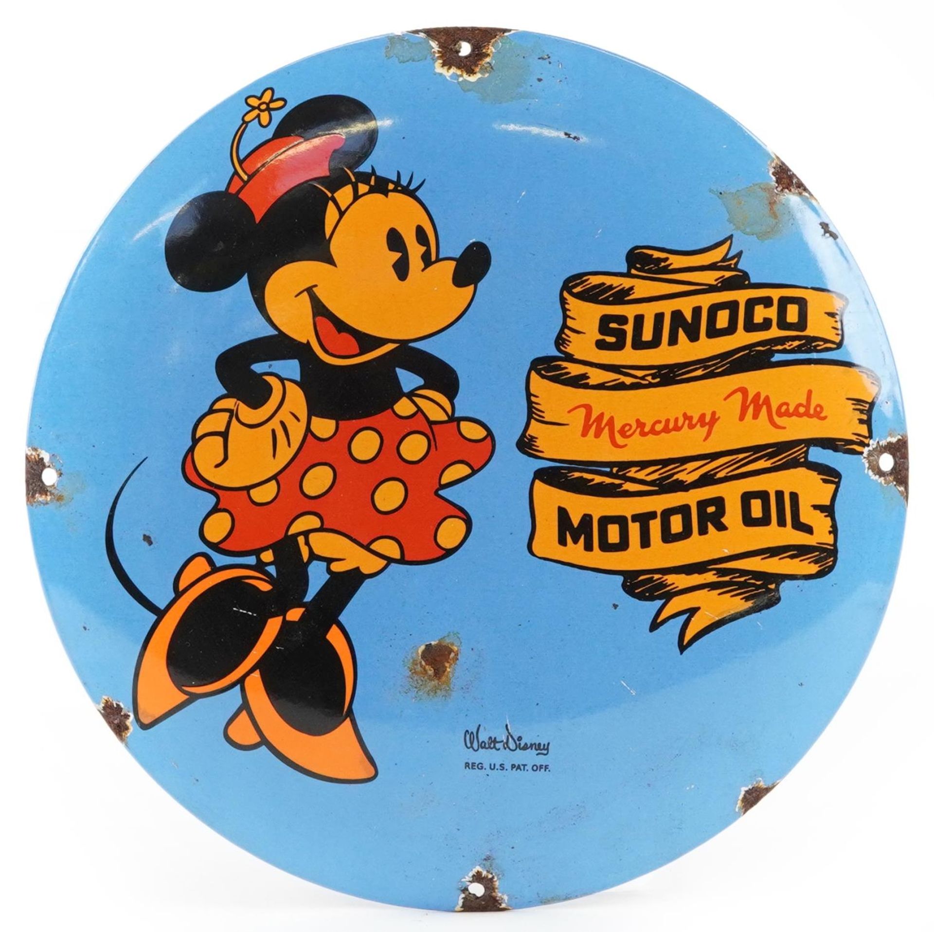 Automobilia interest Sunoco Motor Oil convex enamel advertising sign with Minnie Mouse, 30cm in