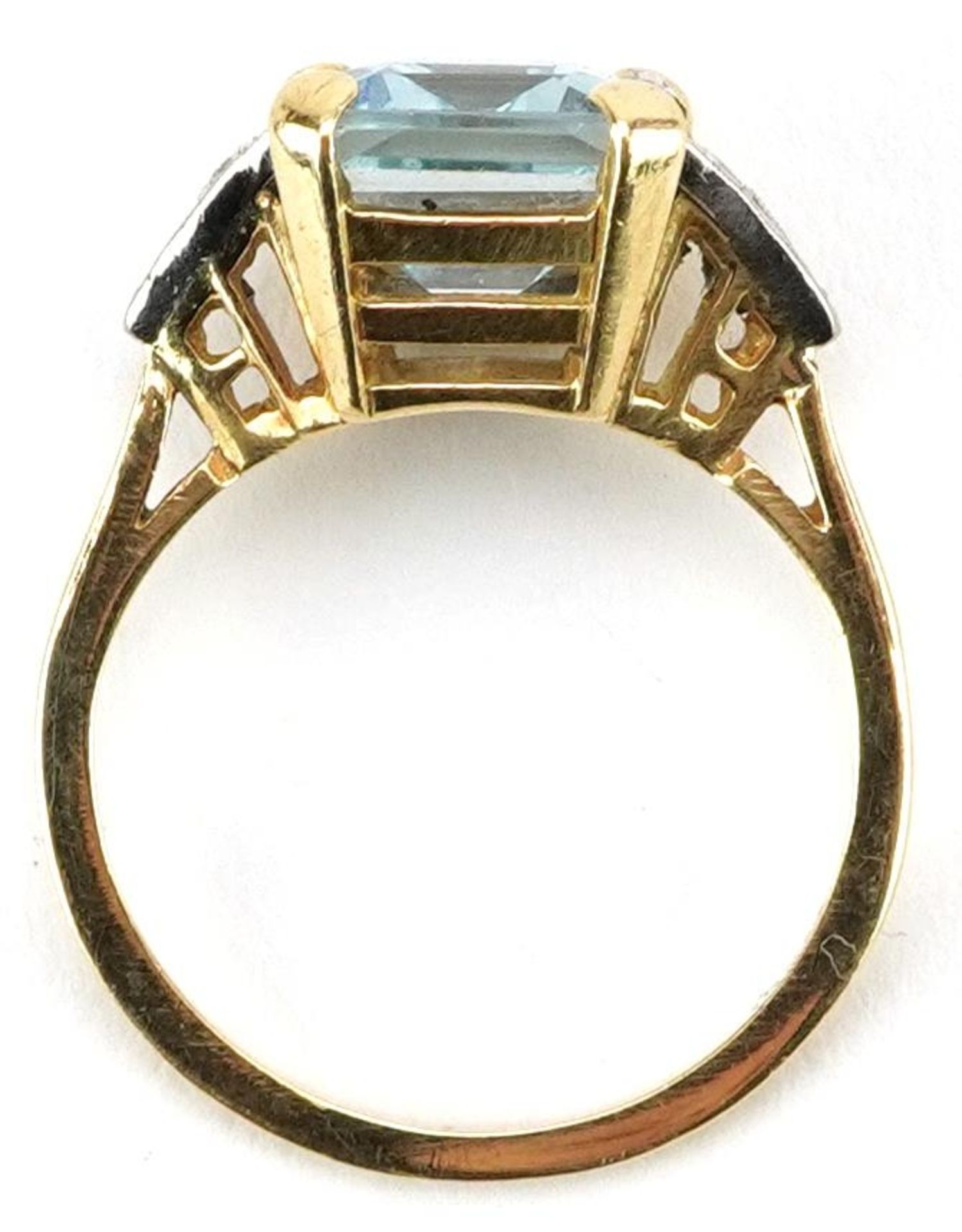 Art Deco style 9ct gold aquamarine ring with diamond set shoulders housed in a W Bruford box, the - Image 3 of 5