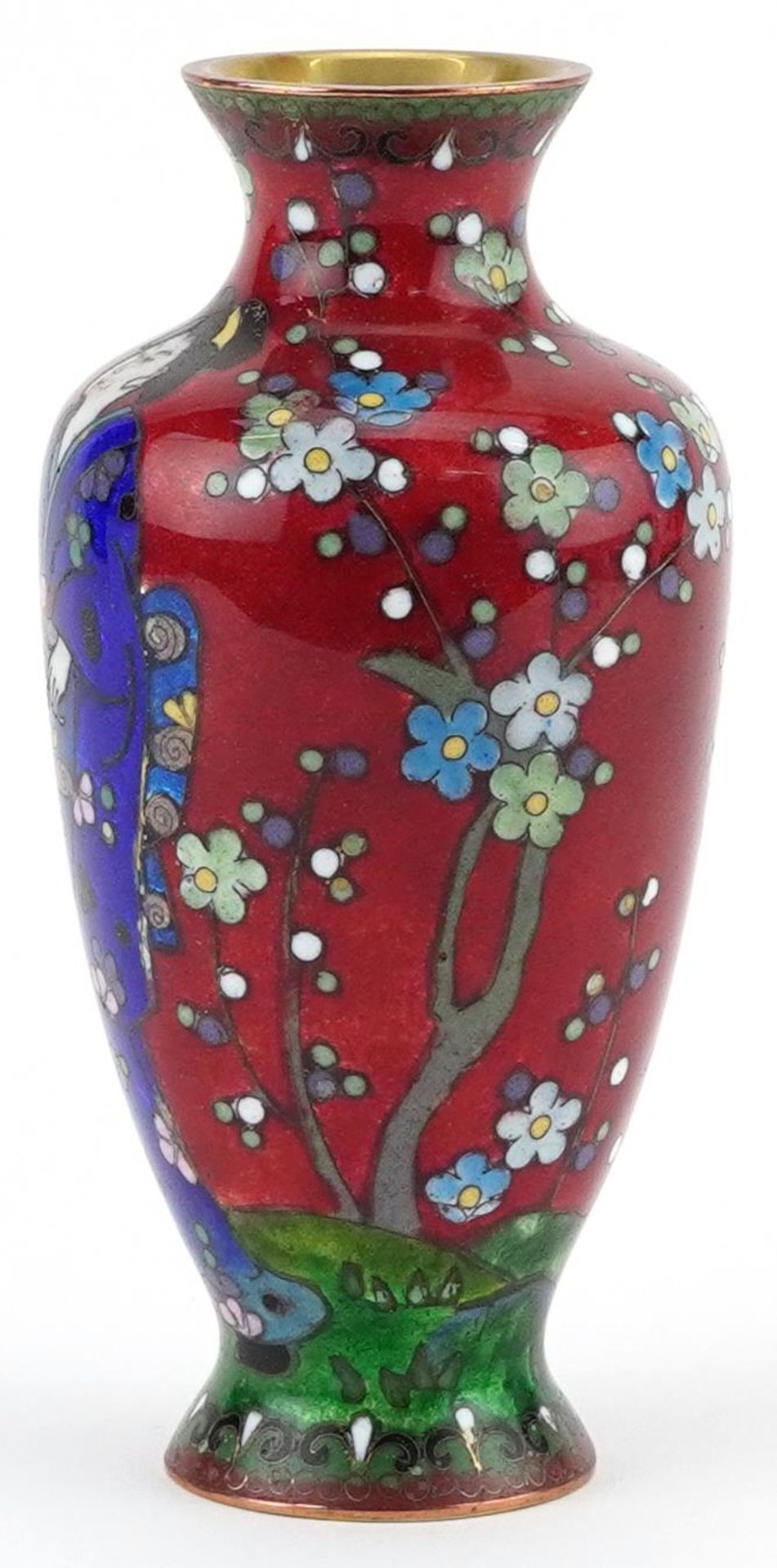 Japanese cloisonne vase enamelled with a Geisha in a landscape with flowers, 13.5cm high - Image 2 of 6
