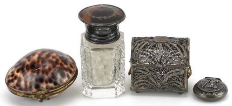 Sundry items including a silver filigree casket in the form of a treasure chest, continental