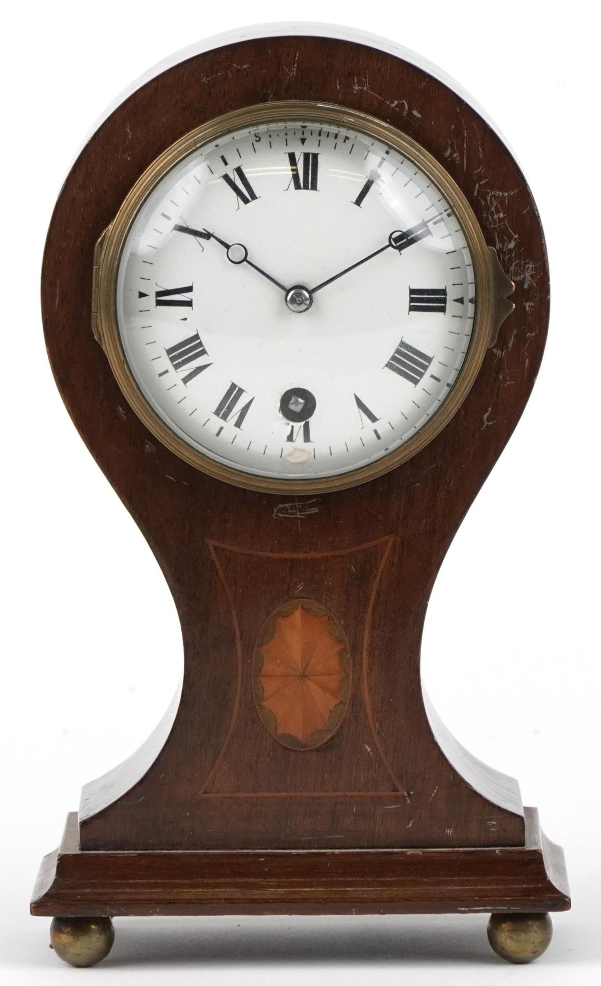 Edwardian inlaid mahogany balloon shaped mantle clock with enamelled dial having Roman numerals, - Image 2 of 4