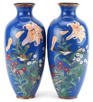 Large pair of Japanese cloisonne vases enamelled with birds amongst flowers, 31cm high