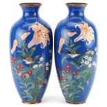 Large pair of Japanese cloisonne vases enamelled with birds amongst flowers, 31cm high
