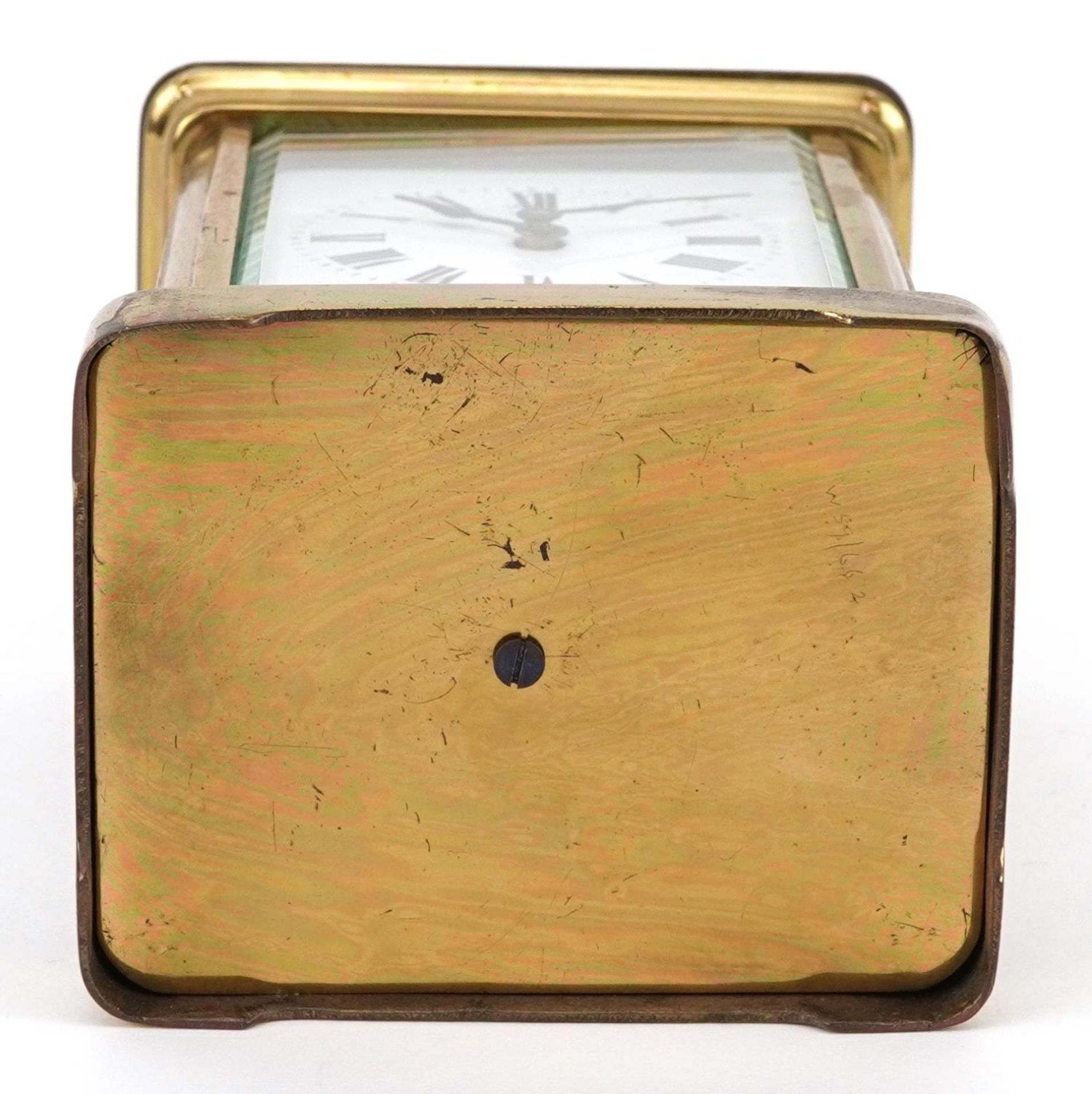 French brass cased carriage clock with enamelled dial having Roman numerals and an Edinburgh Crystal - Image 5 of 5