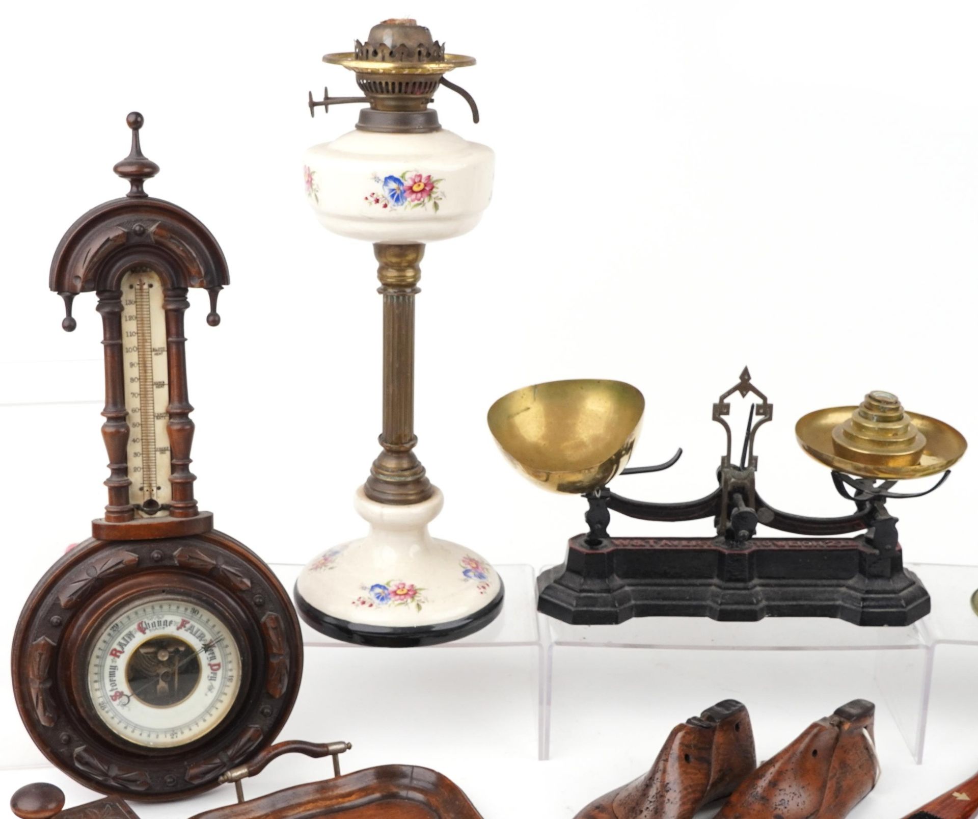 19th century and later sundry items including oil lamp, carved walnut wall barometer, set of W & T - Image 2 of 5