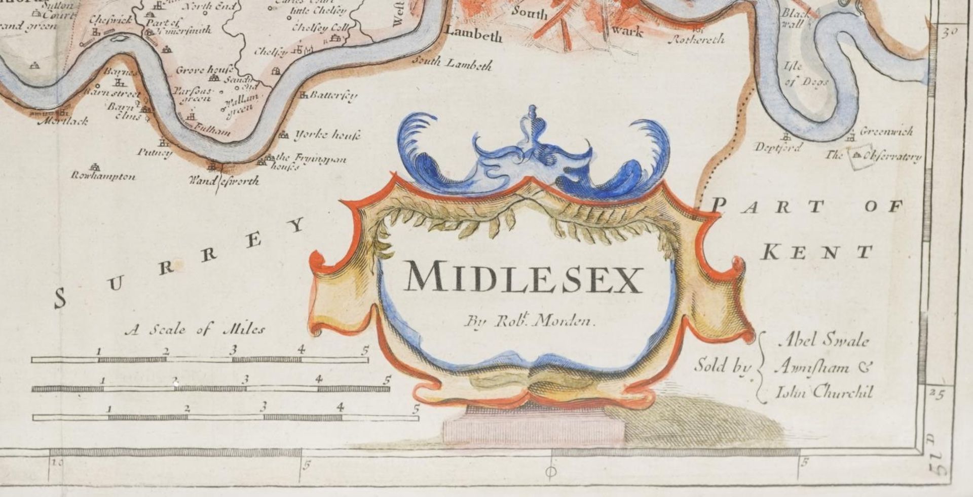 18th century hand coloured map of Middlesex by Robert Morden, framed and glazed, 43cm x 37.5cm - Image 3 of 4